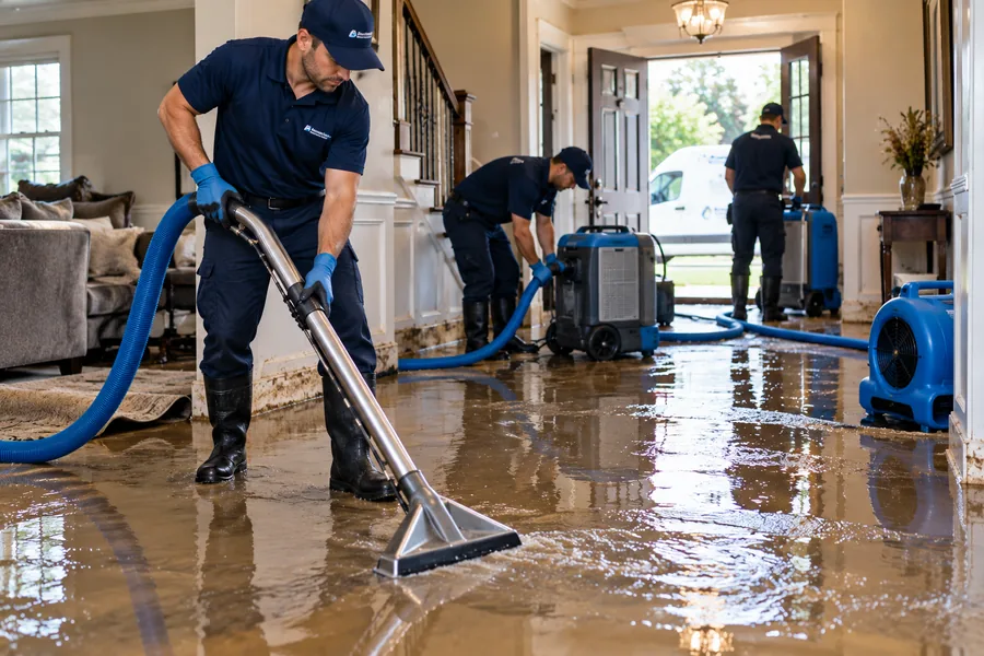 Restoration crew extracting water from a flooded home