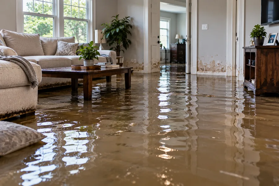 Flooded living room with standing water