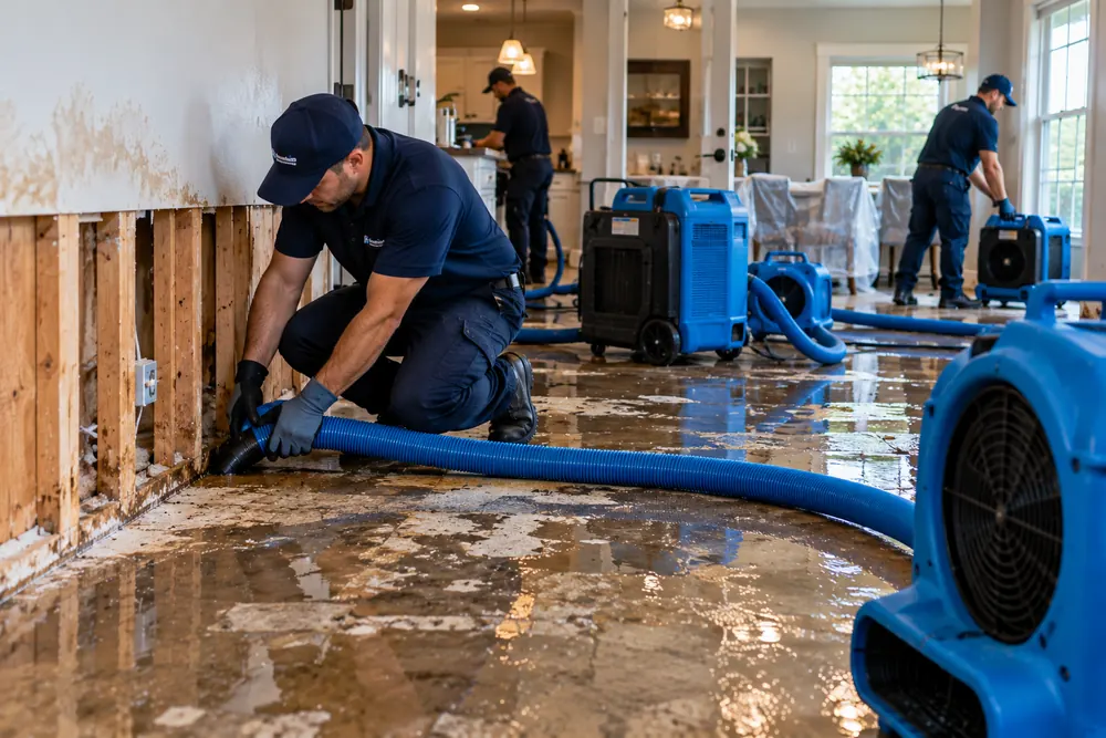 Restoration crew extracting floodwater and drying a flooded home